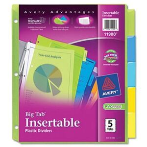 Avery Big Tab Insertable Plastic‎ Dividers 5 Tabs Office School Organization